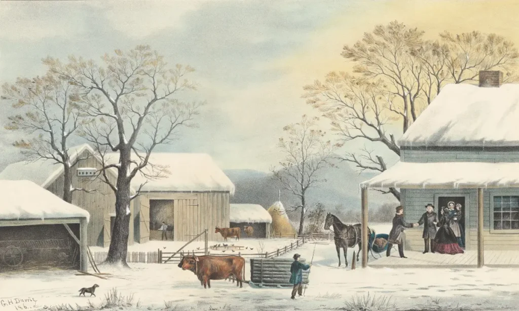 Home to Thanksgiving, 1867, hand-coloured lithograph on wove paper. By John Schutler after George Henry Durrie, American artists. Image portrays an outdoors snowy, rural scene of people arriving at a farmhouse for thanksgiving.