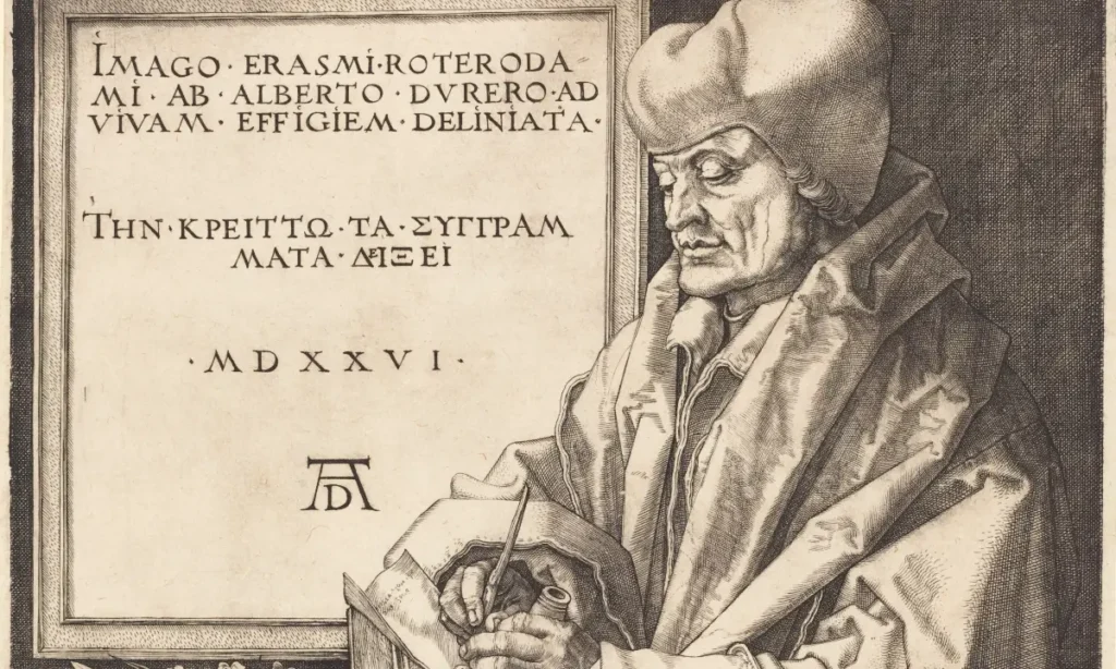 Erasmus of Rotterdam, 1526, engraving on laid paper. By Albrecht Dürer, German artist, 1471 - 1528. Image portrays Erasmus writing at a desk.