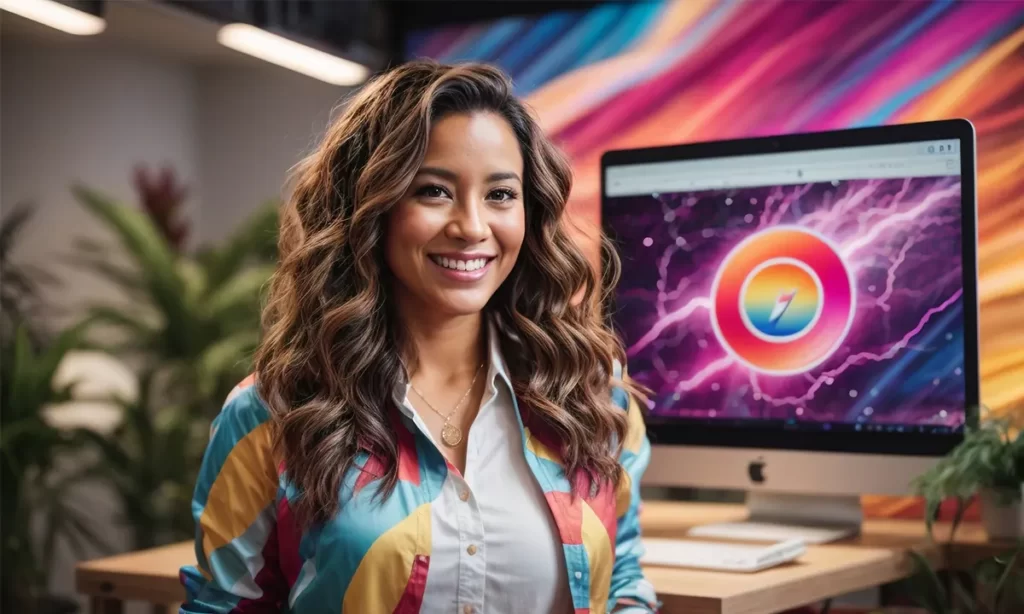 A joyful small business owner beaming with pride as she stands in front of a monitor displaying a vibrant, dynamic rendering of her brand new website.