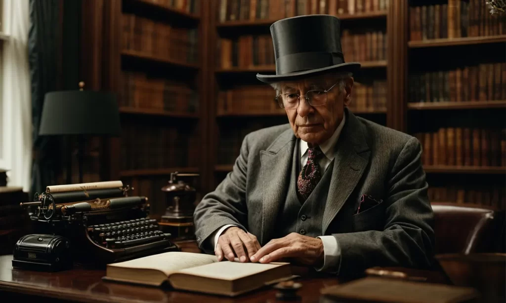 An elderly gentleman in a top hat sitting at a desk, surrounded by shelves of leather-bound books and manually composing a blog post.
