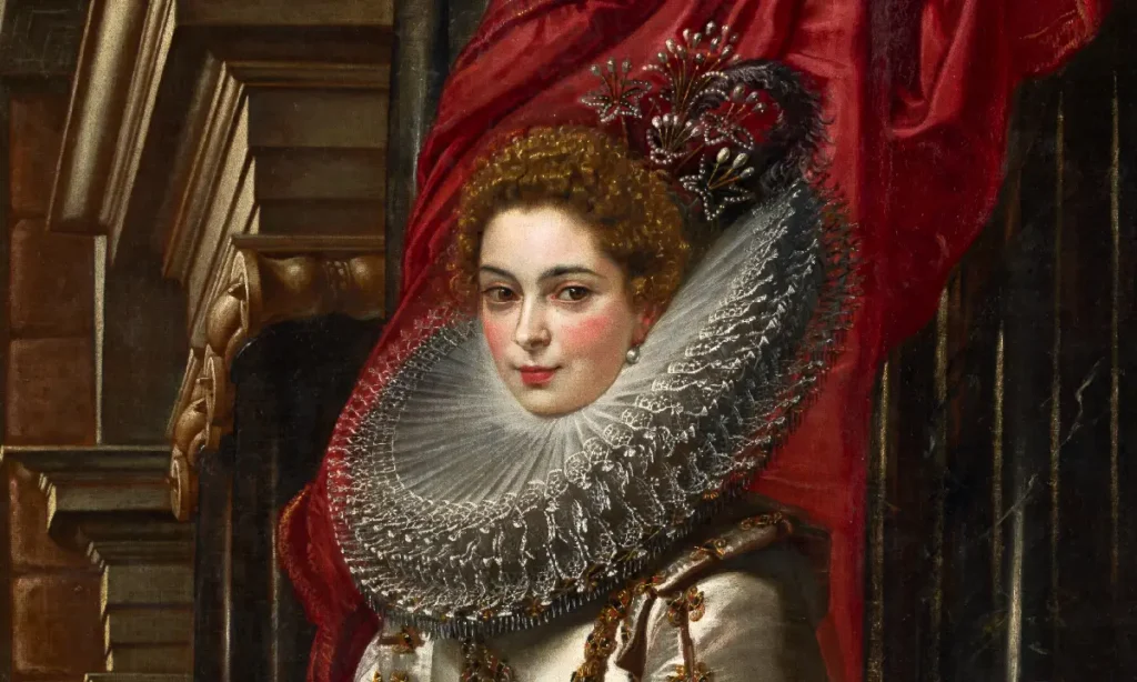 Marchesa Brigida Spinola Doria, 1606, oil on canvas. By Sir Peter Paul Rubens, Flemish artist, 1577 - 1640. Image portrays the marchesa smiling and dressed in a lace gown and enormous yet elegant ruff.