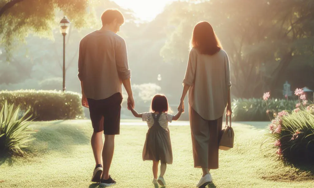 A man, woman and child holding hands and walking through a park outdoors on a beautiful sunny day.