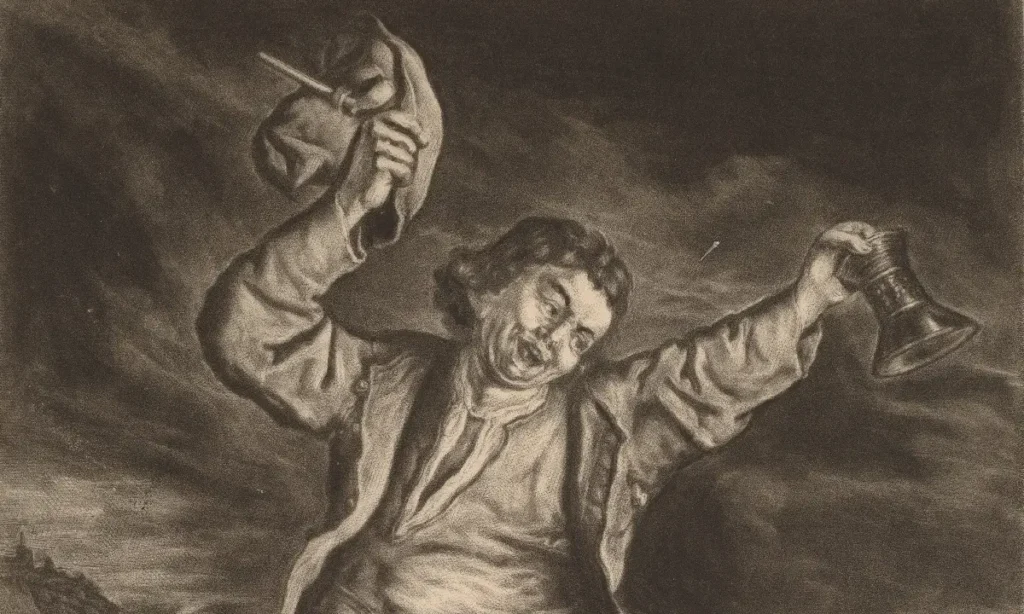 The Happy Patriot, in or after 1695, mezzotint on laid paper. By Cornelis Dusart, Dutch artist. Image portrays a drunk and jolly man skipping with merriment.