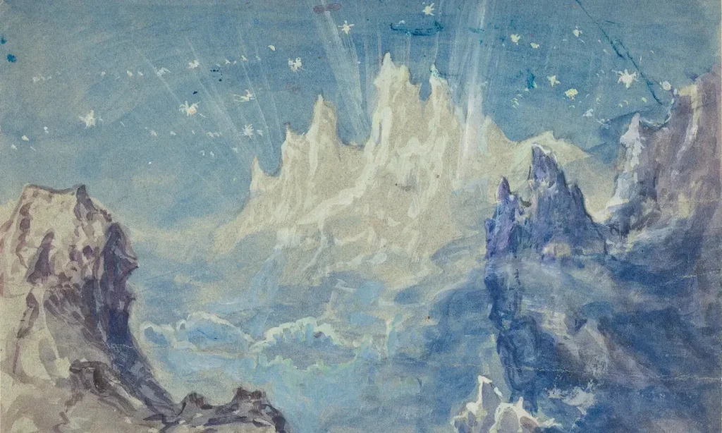 Fantastic Mountainous Landscape with a Starry Sky, watercolor and gouache on gray-blue wove paper. By Robert Caney, British artist. Image portrays a dramatic and fantasitcal-looking mountainous landscape beneath a starry sky.