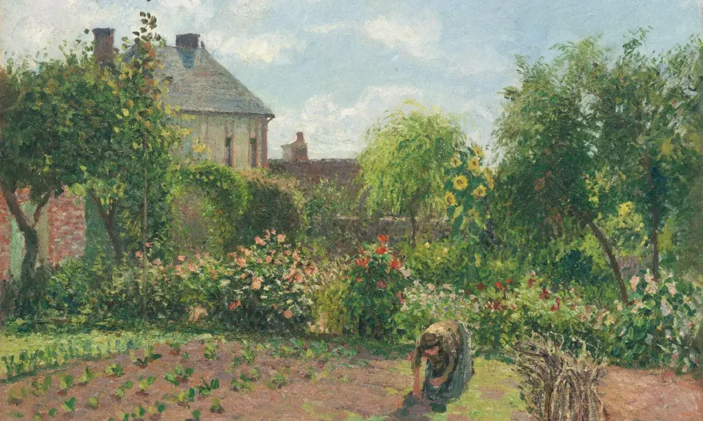 The Artist's Garden at Eragny, oil on canvas, 1898. By Camille Pissarro, French artist. Image a gardener tending to her garden.
