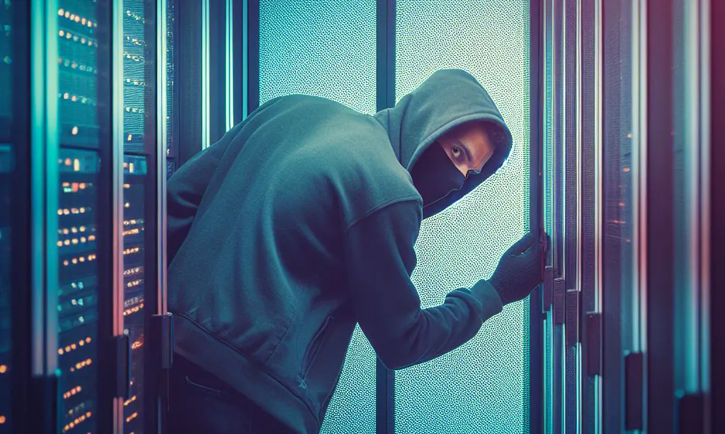 A suspicious-looking hooded hacker in a corridor of website servers in a data centre.