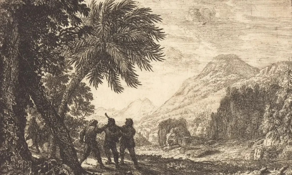 Landscape with Brigands (Scène de brigands), 1633, etching and drypoint. By Claude Lorrain, French artist, 1604/1605 - 1682. Image portrays brigands holding up a victim beneath a tree.