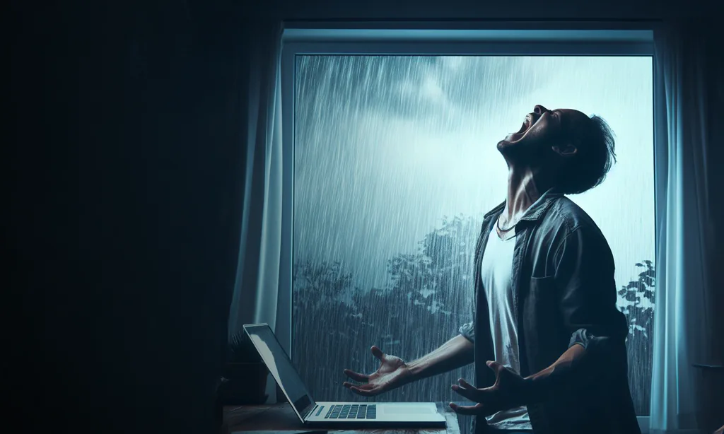 A man standing in a room in front of a laptop, screaming hysterically towards the heavens. Behind him through a window, heavy rain falls from the sky.