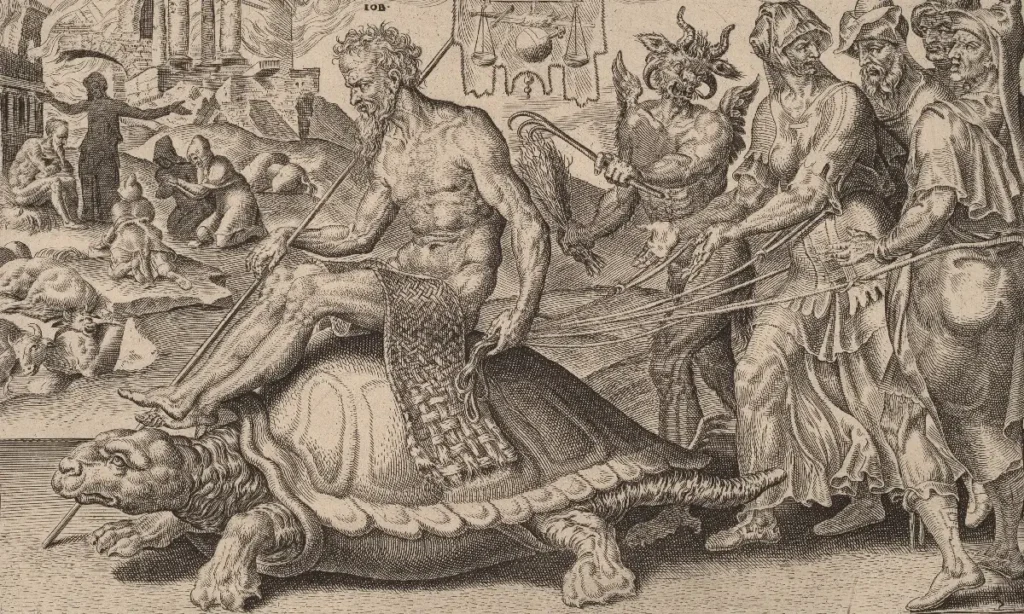 The Triumph of Job, 1559, engraving and etching on laid paper. By Dirck Volckertz Coornhert, Dutch artist and after, Maerten van Heemskerck, Dutch artist. Image portrays a man riding a large tortoise and followed by tormentors.