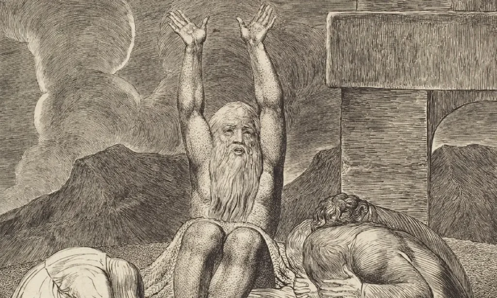 Job's Despair, 1825, engraving. By William Blake, British artist.Image portrays an elderly man with a long beard throwing his hand up to the heavens and wailing in despair. Three figures sit around him, hunched forward, their faces hidden.