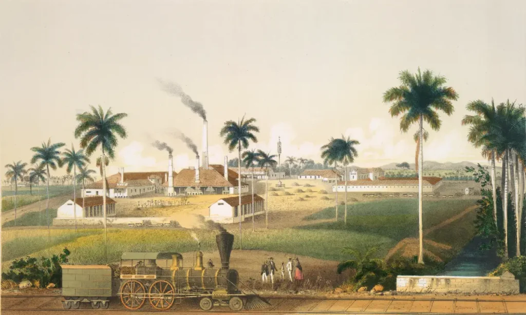 Los Ingenios. Coleccion de vistas de los principal, Havana, 1857. By Laplante, Eduardo. Image portrays a steam train outside a factory.