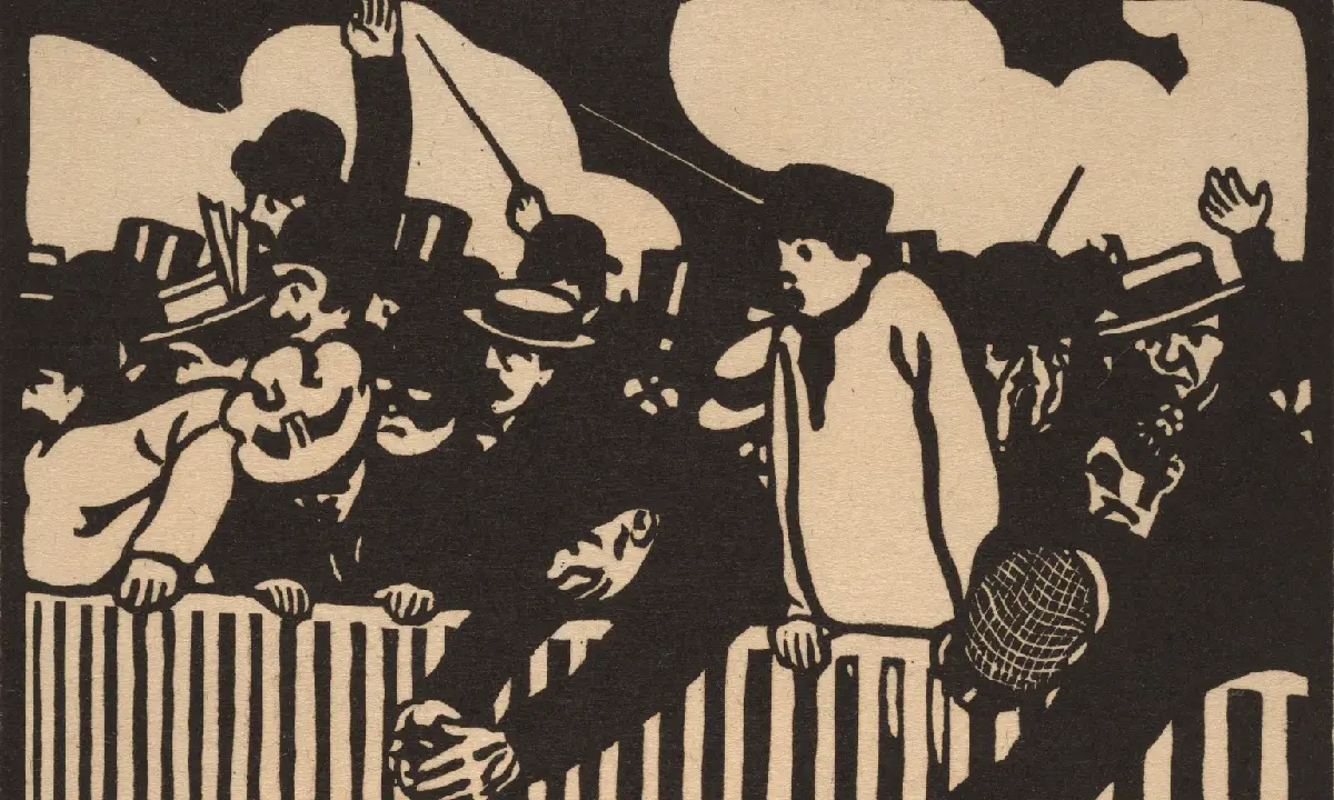 Le Gagnant (The Winner), 1898, woodcut in black on japan paper. By Félix Vallotton. Image portrays a crowd cheering at a sporting event.