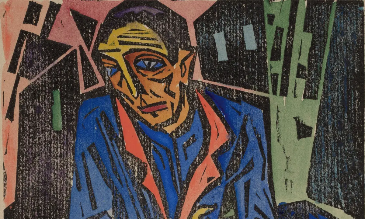 Poverty (Armut), 1919, hand-colored woodcut. By Aloys Wach. Austrian artist, 1892 - 1940. Image portrays a begging man in a cubist style.