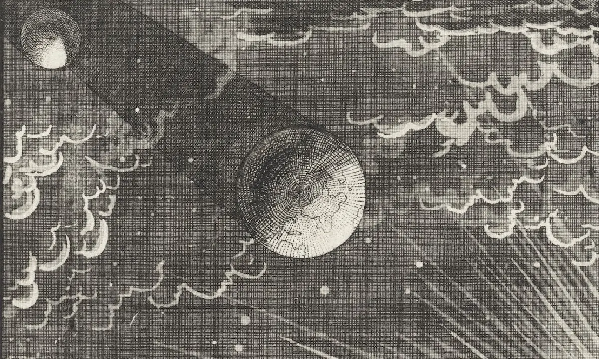 Sun, Earth and Moon, 1714, engraving. By Vincent Laurensz. van der Vinne (II). Print used as a book illustration in Adriaan Spinniker's Instructive Symbols. (1714).