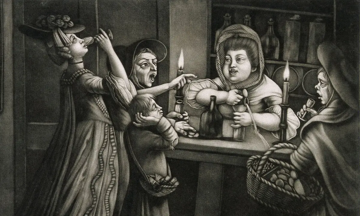 Anonymous mezzotint titled The Gin Shop Displayed, ca. 1765. Image portrays several people being served by a shopkeeper in a gin shop.
