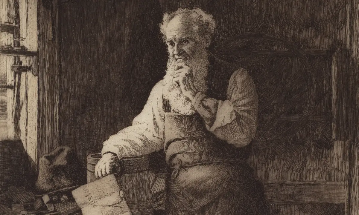 Thinking It Over, 1884, etching. By Thomas Waterman Wood, American artist, 1823 - 1903. Image portrays an white-haired, long-bearded man standing in a workshop, stroking his beard and deep in thought.